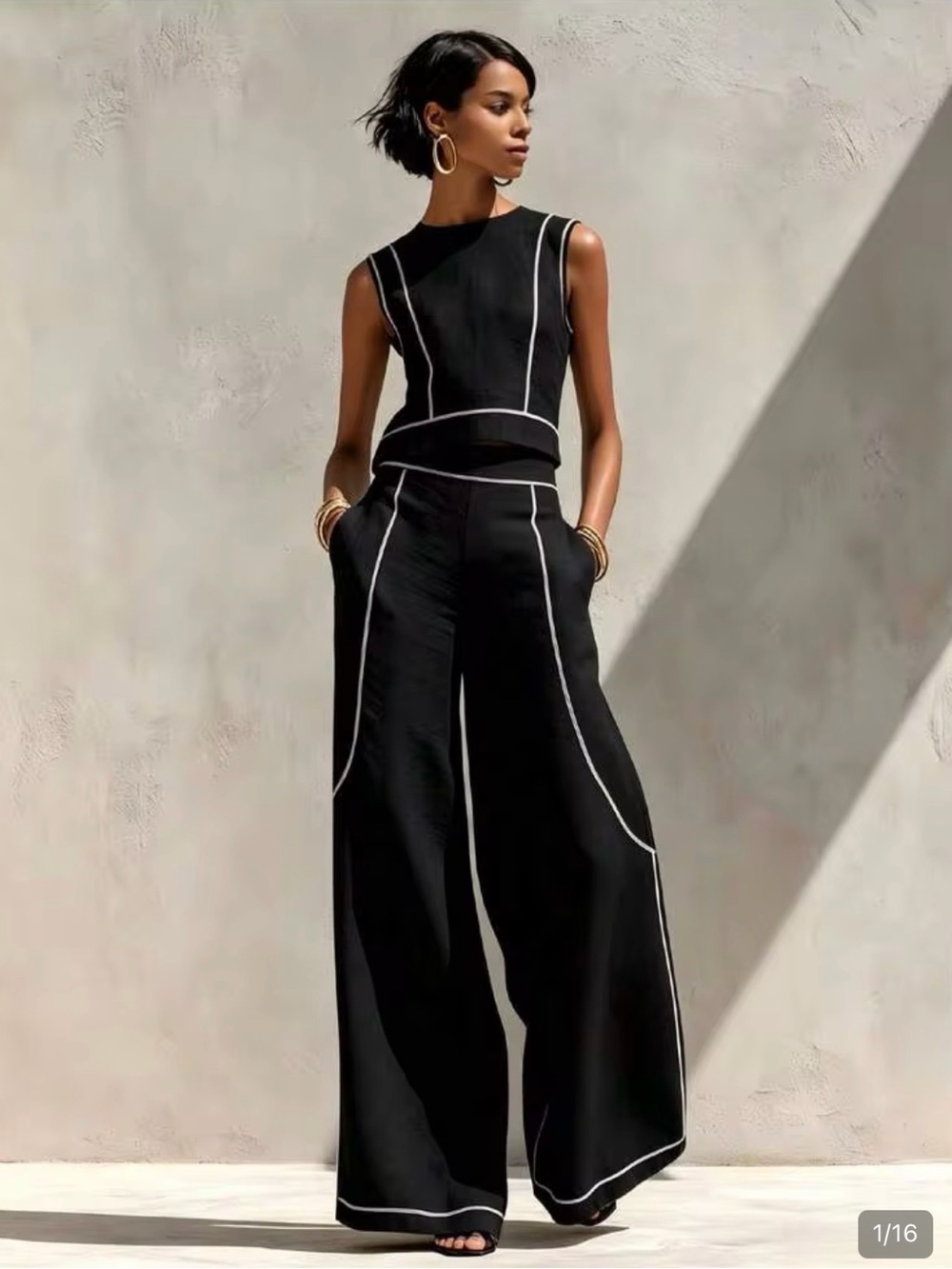 Black Wide-Leg Jumpsuit with White Piping